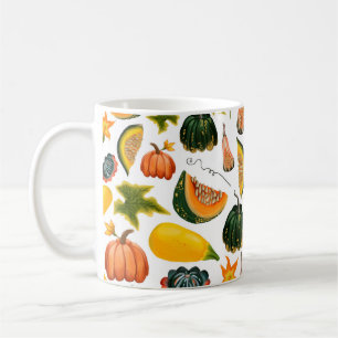 Seamless pattern of pumpkins and leaves on an isol coffee mug