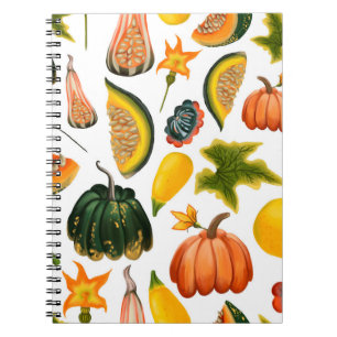 Seamless pattern of pumpkins and leaves on an isol notebook