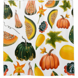 Seamless pattern of pumpkins and leaves on an isol shower curtain