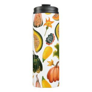 Seamless pattern of pumpkins and leaves on an isol thermal tumbler