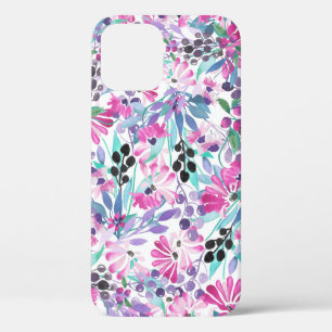 Seamless pattern of purple flowers and berries,blu iPhone 12 case