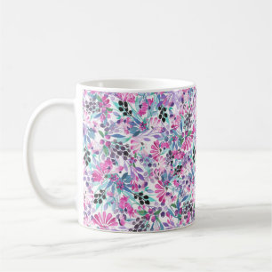 Seamless pattern of purple flowers and berries,blu coffee mug