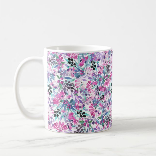 Seamless pattern of purple flowers and berries,blu coffee mug (Left)