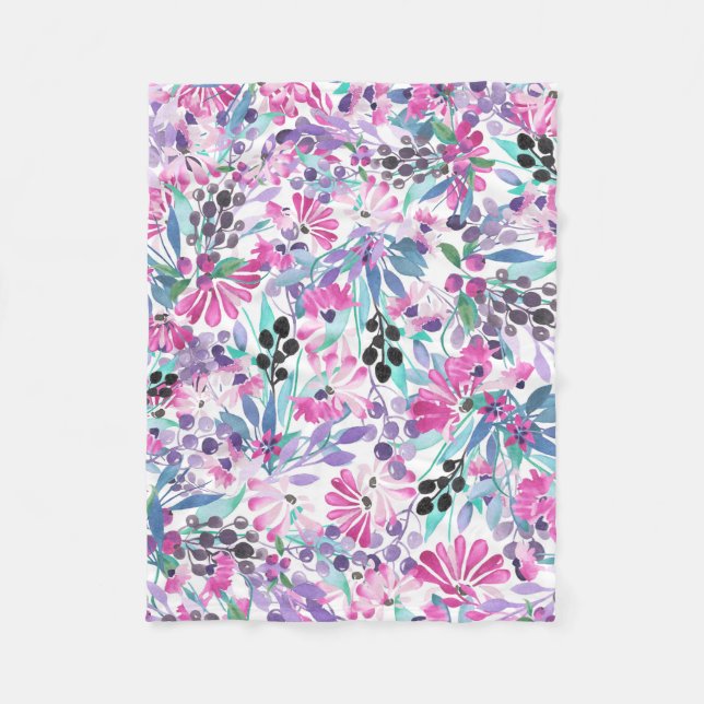 Seamless pattern of purple flowers and berries,blu fleece blanket (Front)