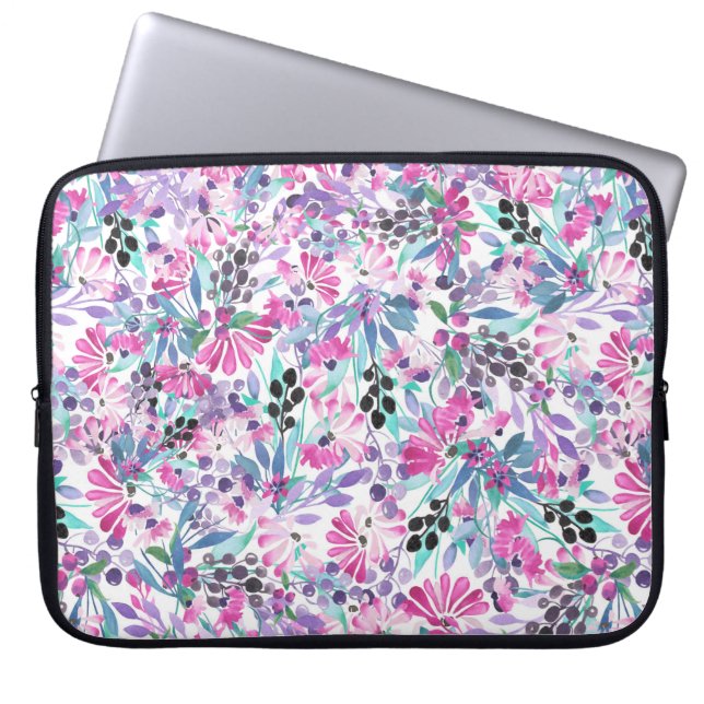 Seamless pattern of purple flowers and berries,blu laptop sleeve (Front)