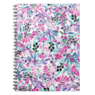 Seamless pattern of purple flowers and berries,blu notebook