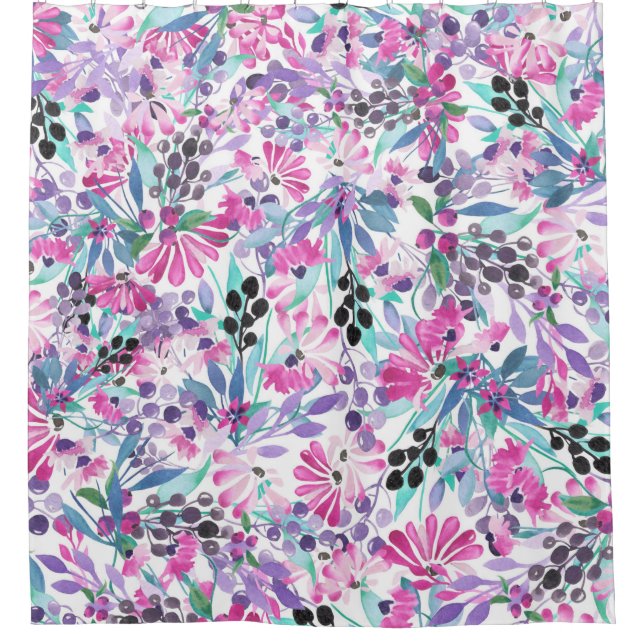 Seamless pattern of purple flowers and berries,blu shower curtain (Front)