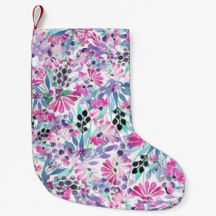 Seamless pattern of purple flowers and berries,blu small christmas stocking