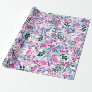 Seamless pattern of purple flowers and berries,blu wrapping paper