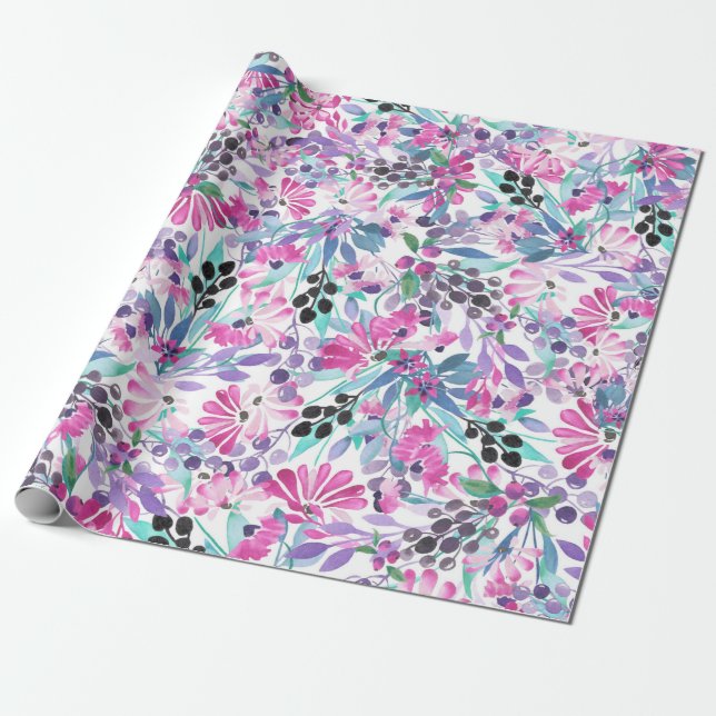Seamless pattern of purple flowers and berries,blu wrapping paper (Unrolled)