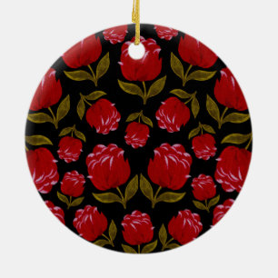 Seamless pattern of red roses on black background ceramic ornament