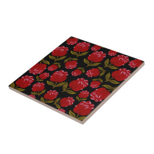 Seamless pattern of red roses on black background ceramic tile