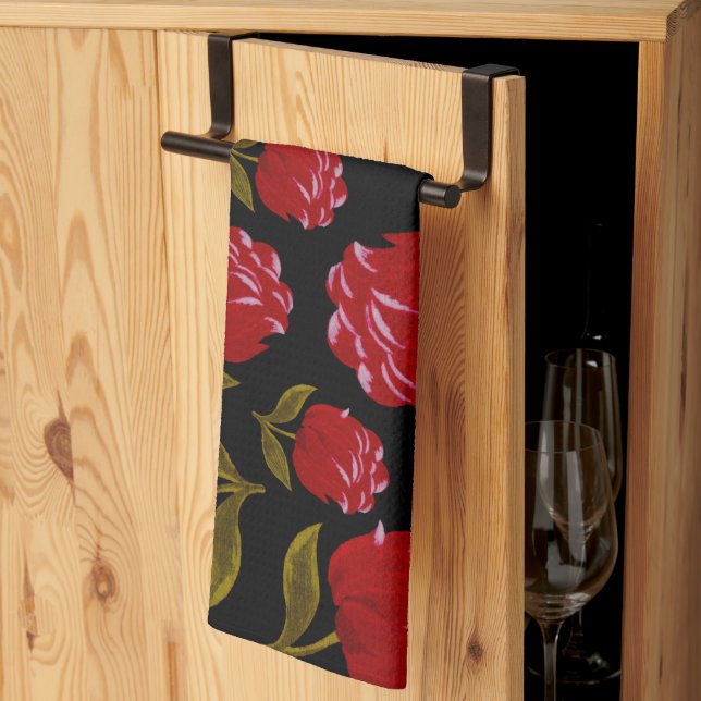 Seamless pattern of red roses on black background tea towel (Thirds Fold)