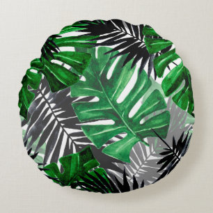 seamless pattern of tropical leaves and elements o round cushion