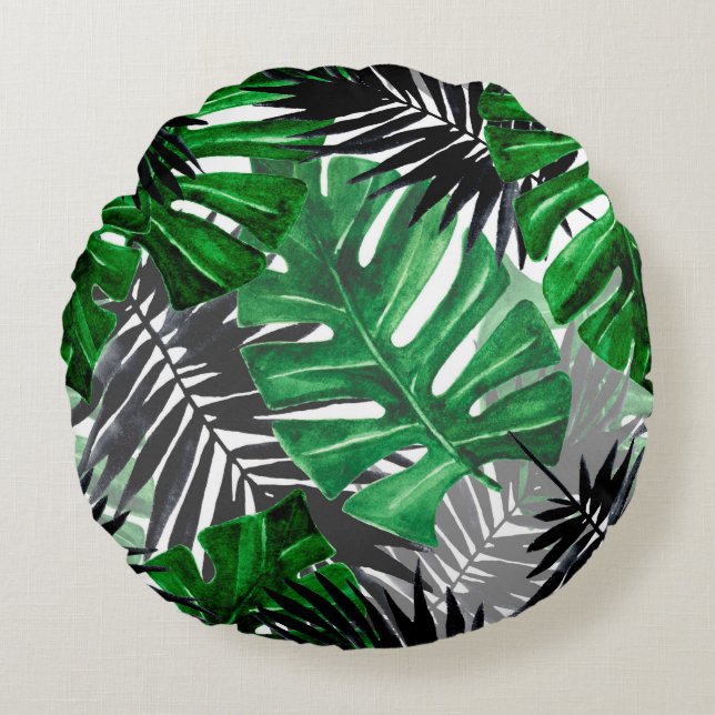 seamless pattern of tropical leaves and elements o round cushion (Front)