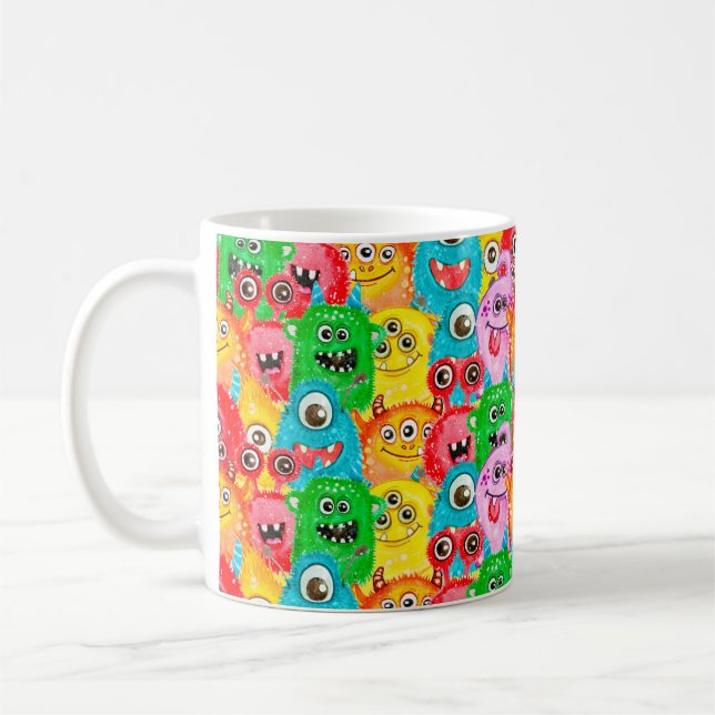 Seamless pattern of watercolor painted funny monst coffee mug (Left)