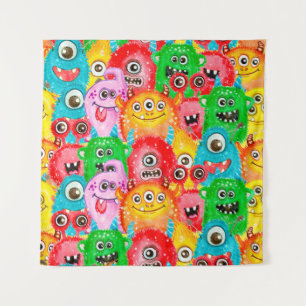 Seamless pattern of watercolor painted funny monst tapestry