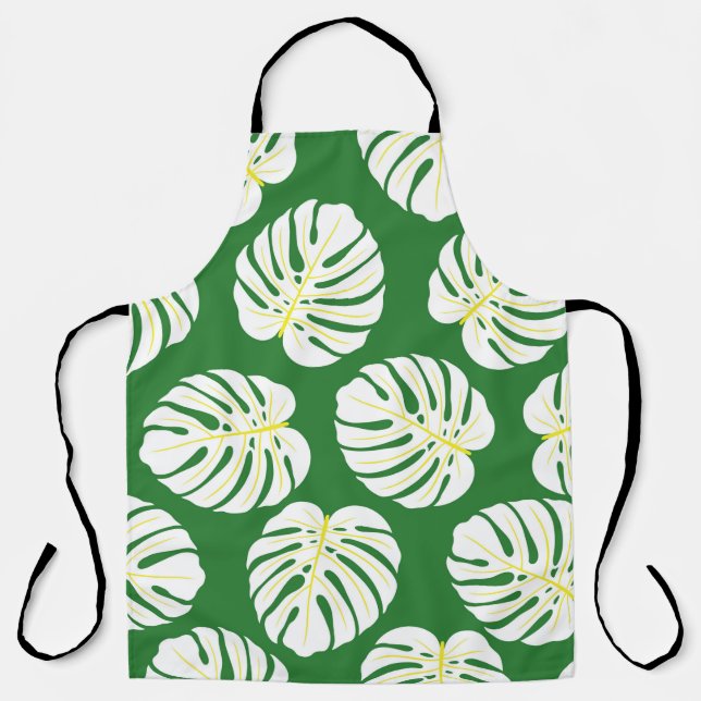 Seamless pattern of white monstera leaves on a dar apron (Front)