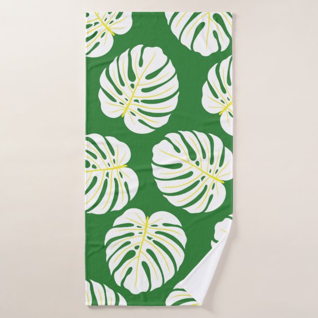Seamless pattern of white monstera leaves on a dar bath towel (Bath Towel)