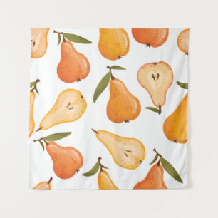 Seamless pattern of yellow pears, pear slices on a tapestry