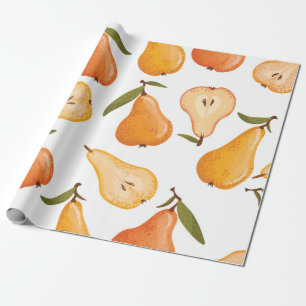 Seamless pattern of yellow pears, pear slices on a wrapping paper