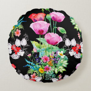 Seamless pattern on black background. Colourful il Round Cushion
