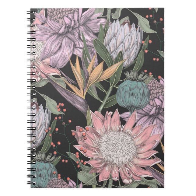 Seamless pattern paradise tropical flowers sketch, notebook (Front)