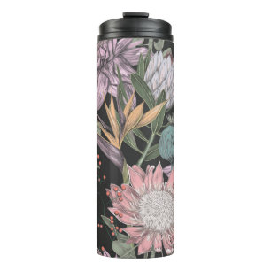 Seamless pattern paradise tropical flowers sketch, thermal tumbler