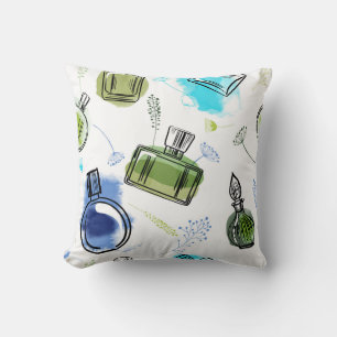 Seamless pattern parfum bottle and watercolor text cushion