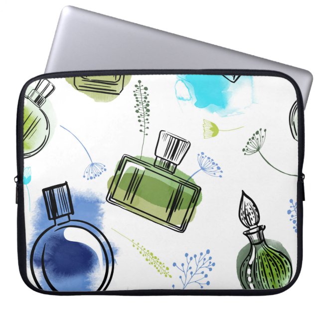 Seamless pattern parfum bottle and watercolor text laptop sleeve (Front)