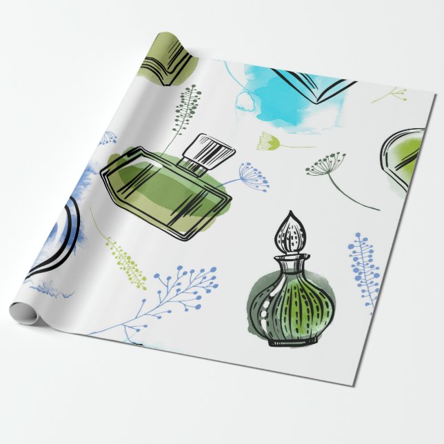 Seamless pattern parfum bottle and watercolor text wrapping paper (Unrolled)
