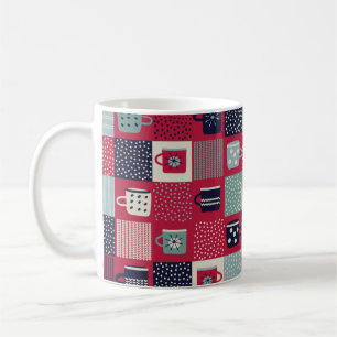 Seamless pattern, patchwork with hand drawn cups,  coffee mug