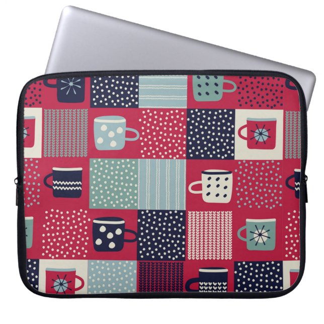 Seamless pattern, patchwork with hand drawn cups,  laptop sleeve (Front)