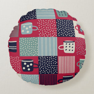 Seamless pattern, patchwork with hand drawn cups, round cushion