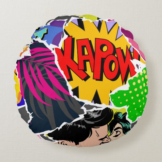Seamless pattern pop art comics style. Collage of  Round Cushion (Front)