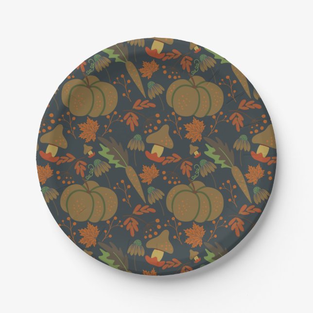 Seamless pattern Pumpkin & carrot dark background Paper Plate (Front)