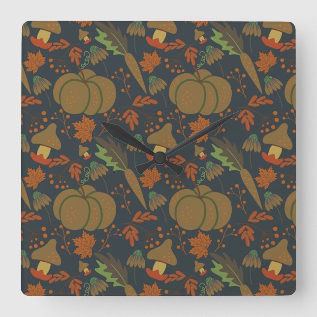 Seamless pattern Pumpkin & carrot dark background Square Wall Clock (Front)