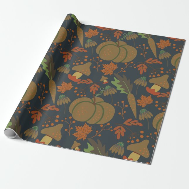 Seamless pattern Pumpkin & carrot dark background Wrapping Paper (Unrolled)