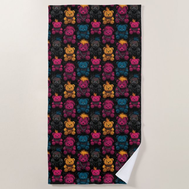 Seamless Pattern Rebellious Punk Rock Teddies Beach Towel (Front)