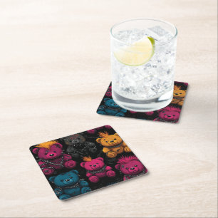 Seamless Pattern Rebellious Punk Rock Teddies Square Paper Coaster