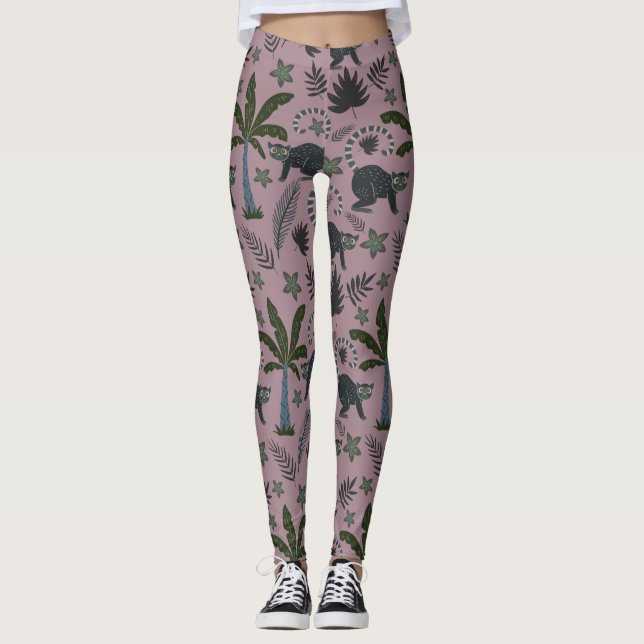 Seamless pattern Tropical animals monkey jumping Leggings (Front)