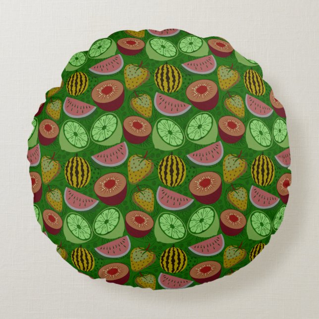 Seamless pattern tropical fruit & green background round cushion (Front)