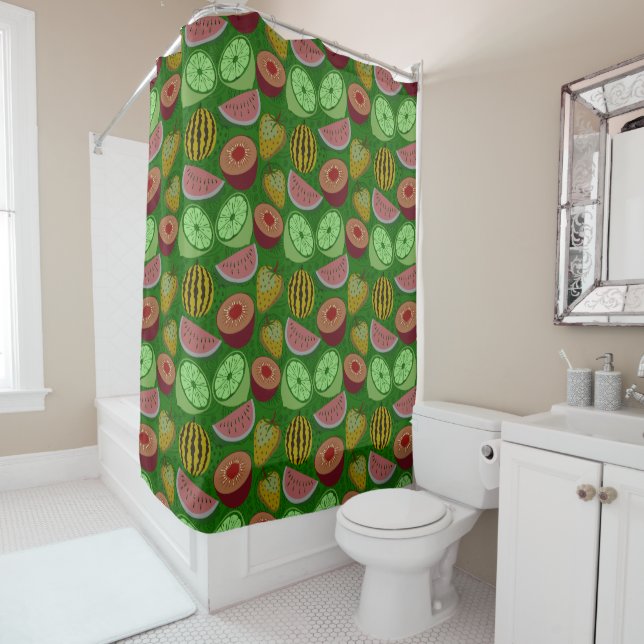 Seamless pattern tropical fruit & green background shower curtain (In Situ)