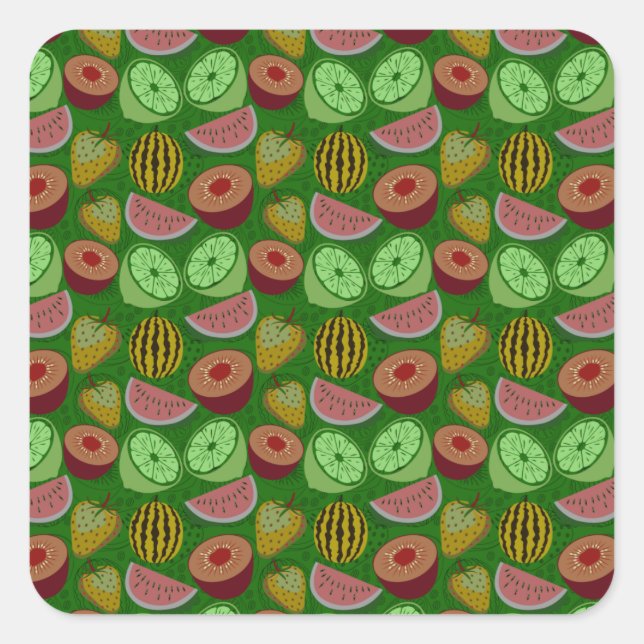 Seamless pattern tropical fruit & green background square sticker (Front)