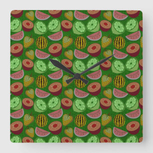 Seamless pattern tropical fruit & green background square wall clock