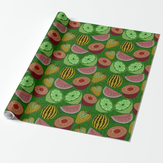 Seamless pattern tropical fruit & green background wrapping paper (Unrolled)