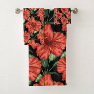 Seamless pattern Tropical red flowers green leaves Bath Towel Set