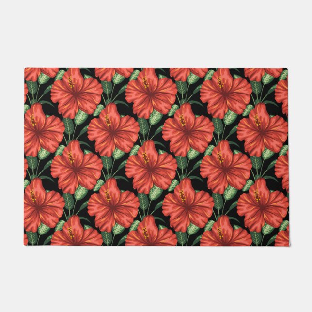 Seamless pattern Tropical red flowers green leaves Doormat (Front)
