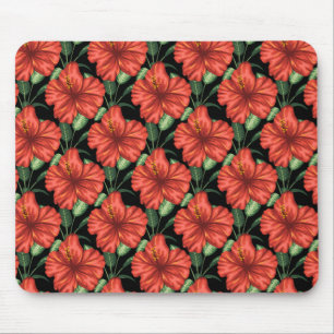 Seamless pattern Tropical red flowers green leaves Mouse Pad