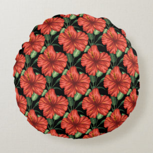 Seamless pattern Tropical red flowers green leaves Round Cushion